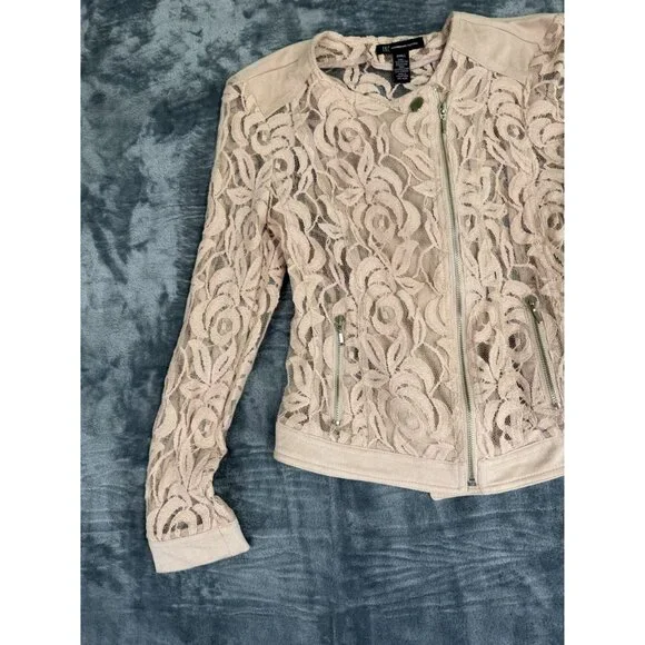 INC Womens Small Lace Jacket Beige Floral Long Sleeve Full Zip - Picture 5 of 8